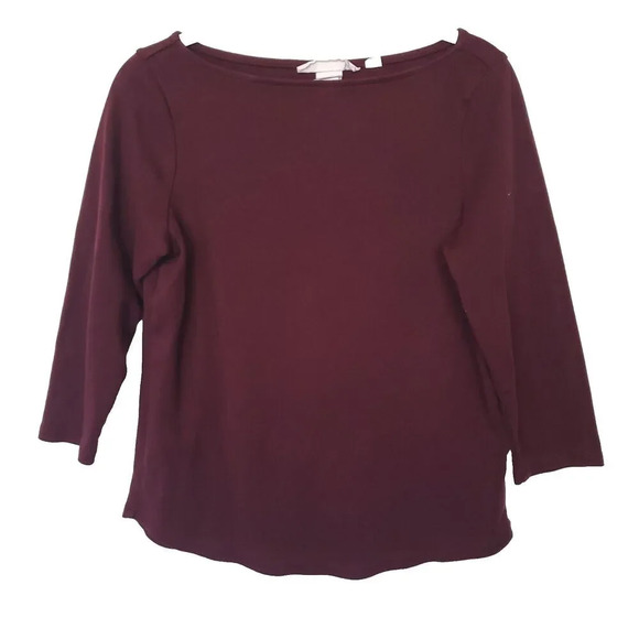 H&M L.O.G.G. Burgundy Top Size Small 3\4 Sleeve Cotton Boat-Neck T-shirt - Picture 1 of 11